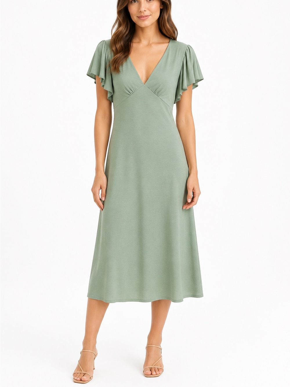 bebe sage Green V-Neck Dress bias cut flutter sleeve as XL midi long deep V neck